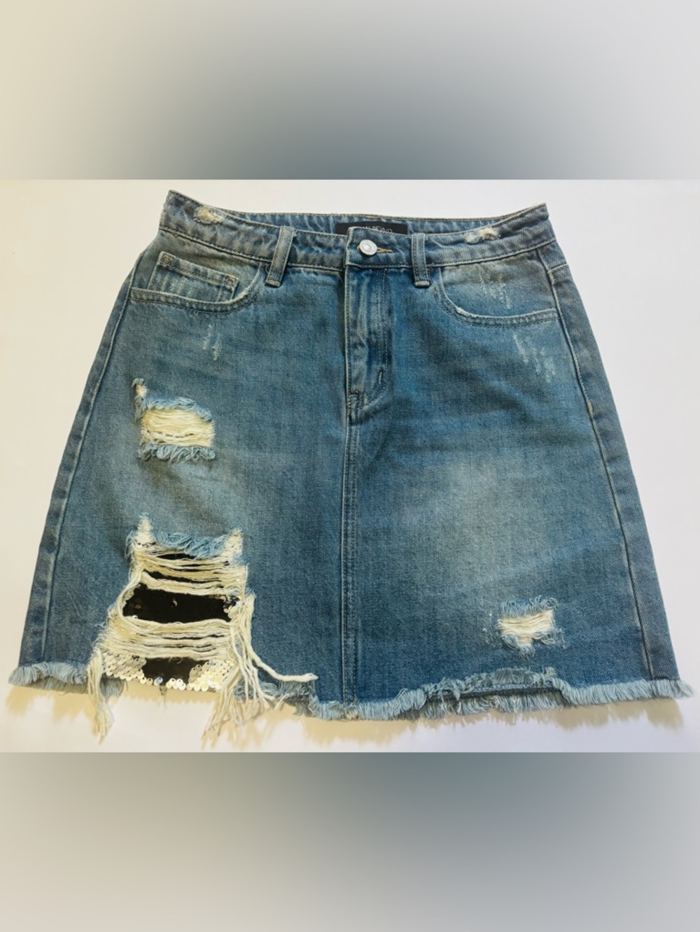 Distressed Denim A-Line Skirt - Blue